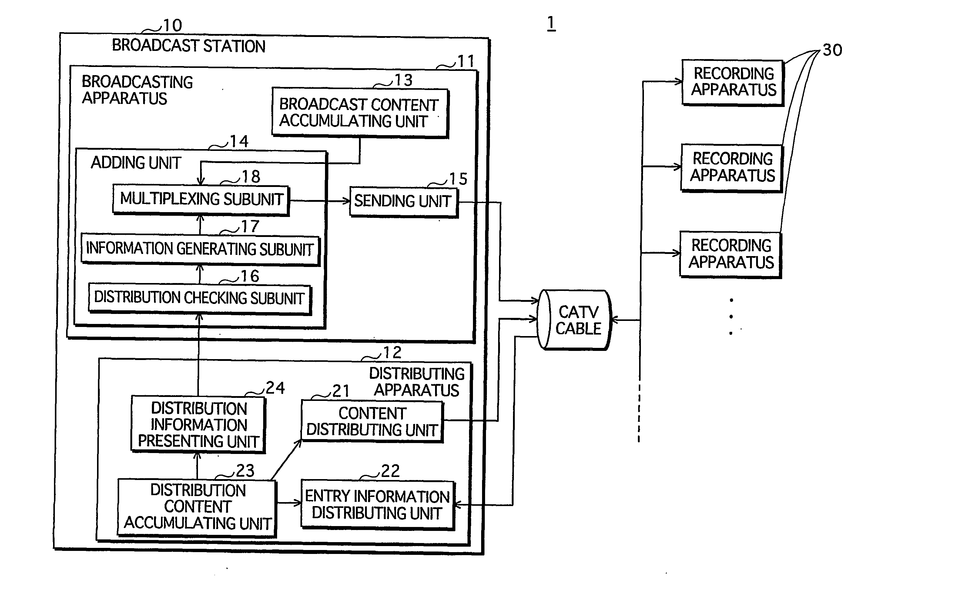 Broadcast recording system, recording apparatus, broadcasting apparatus, and recording program for saving storage space of recording medium used for recording contents