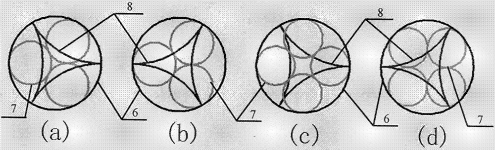 Crossed triangular distribution metal circular ring array electromagnetic shielding light window with internally tangent sub circular rings