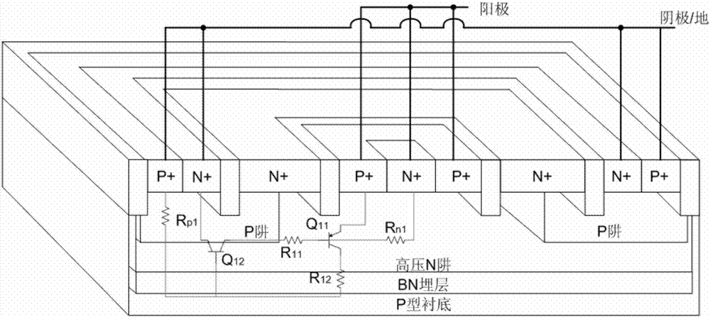 Waffle island type diode triggered silicon controlled electrostatic protection device