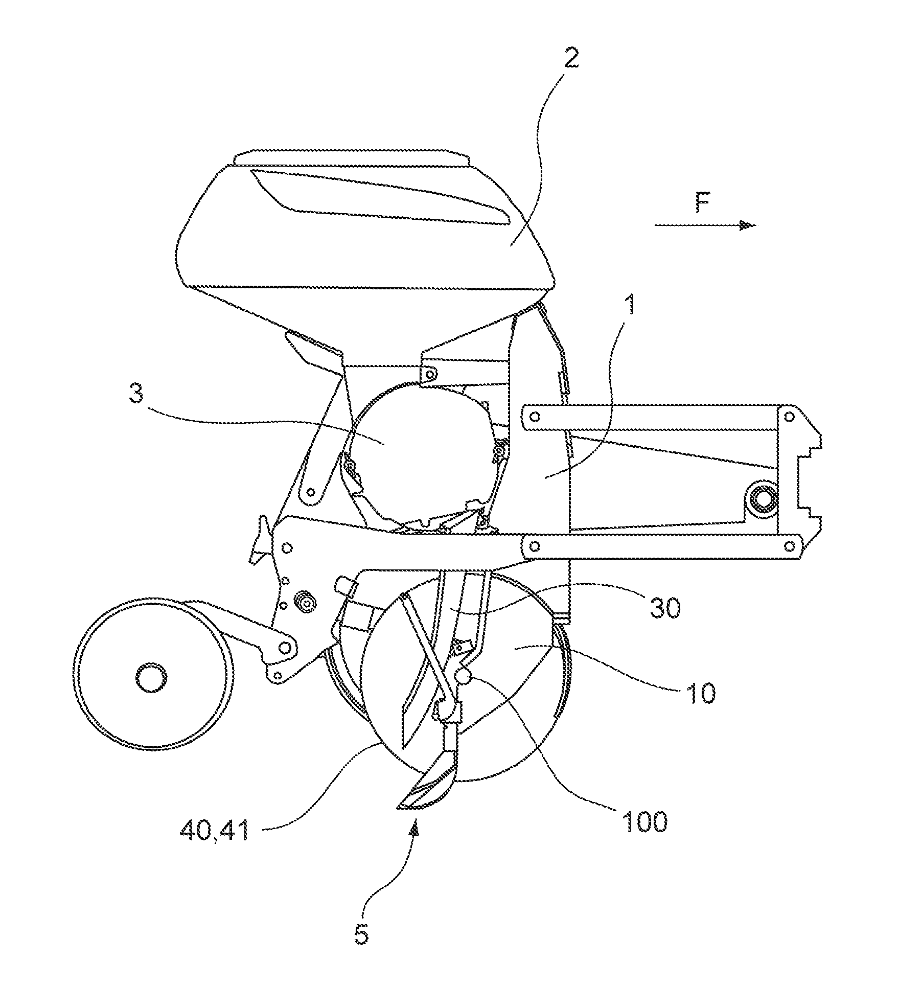 Planting unit comprising a pointed member mounted between two discs for opening a furrow, and means for releasing said member without removing discs