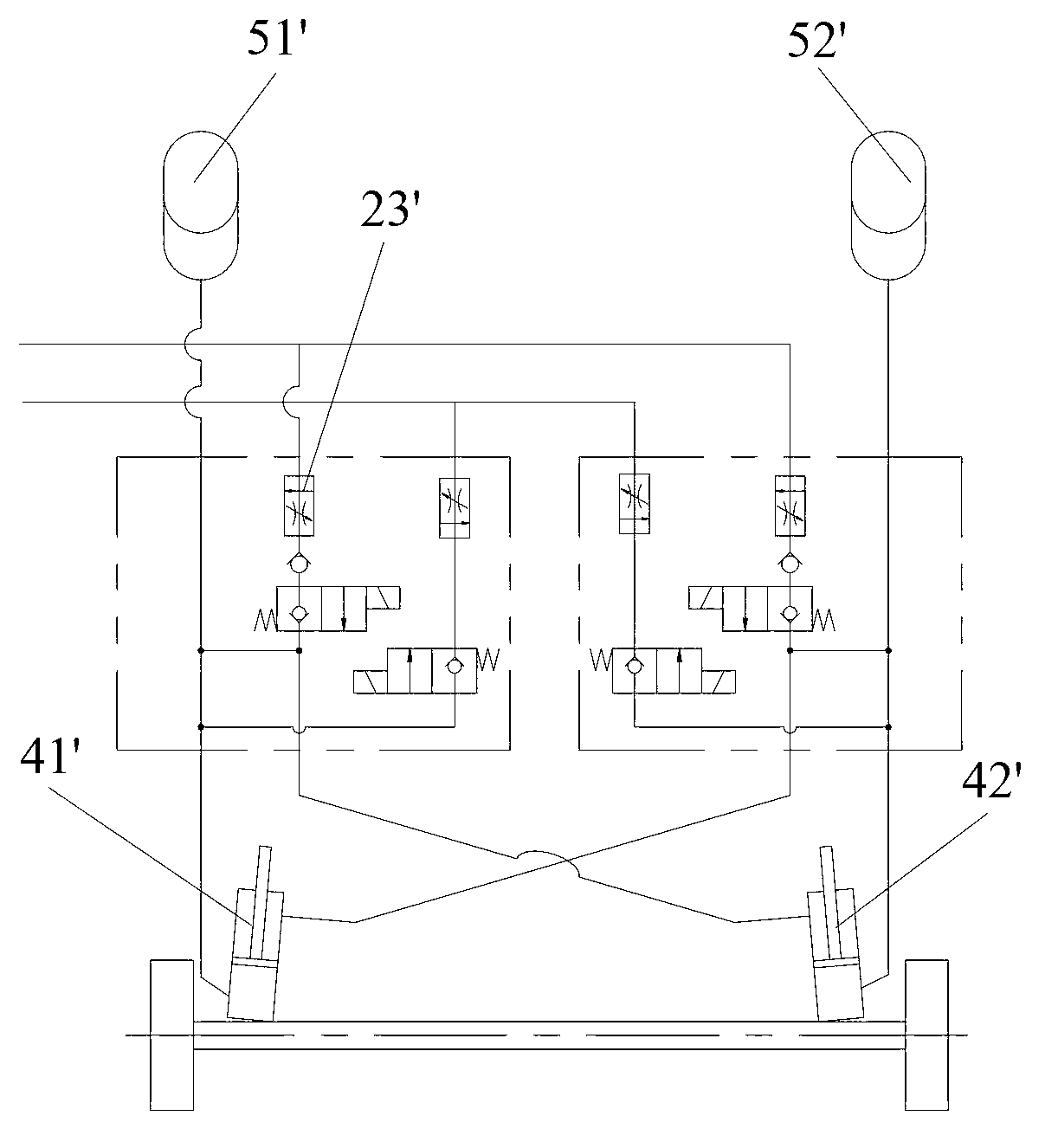 Pressure balancing device, hydro-pneumatic suspension automatic leveling system and engineering vehicle