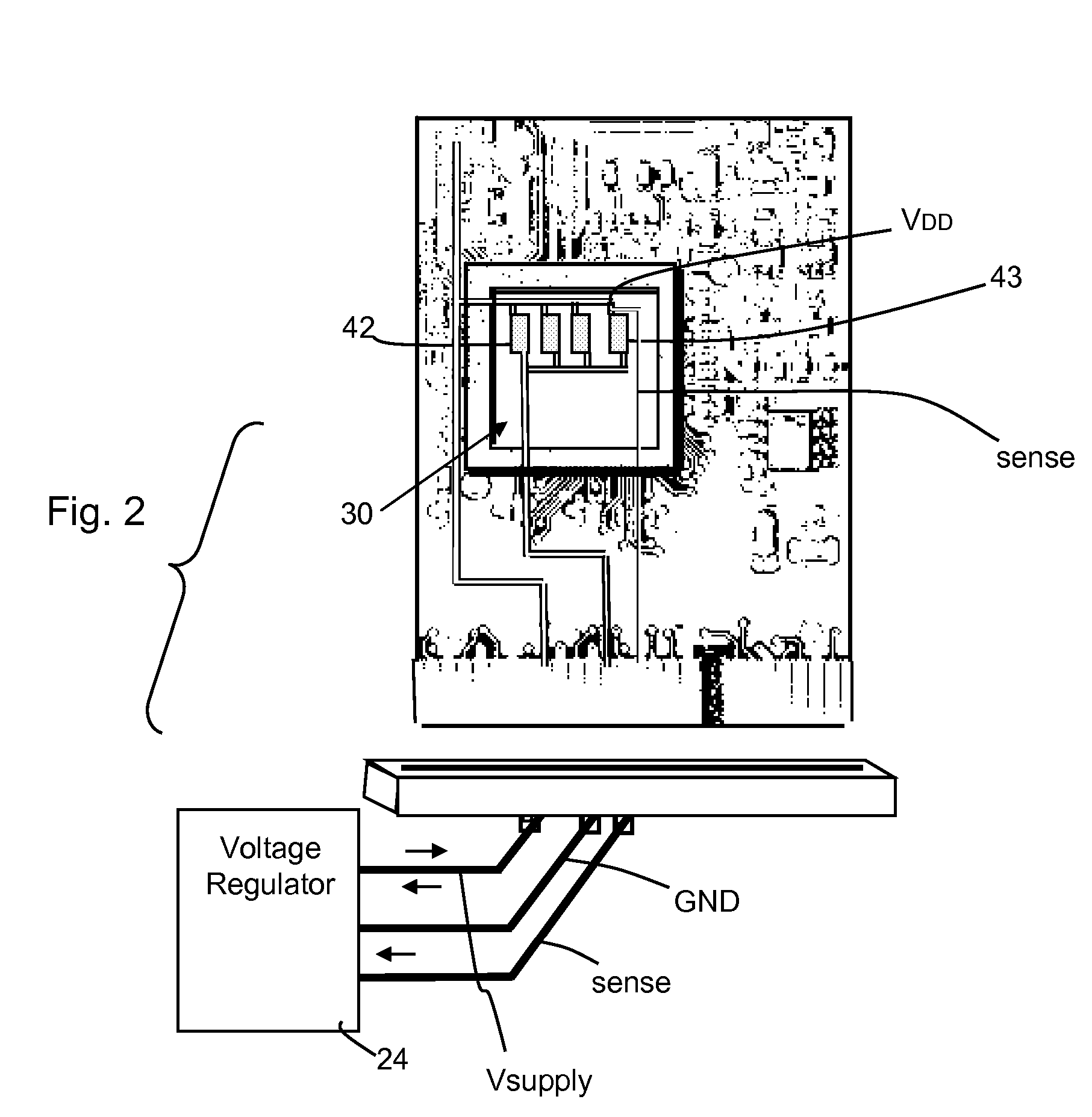 Power supply regulation using kelvin tap for voltage sense feedback from point within integrated circuit load