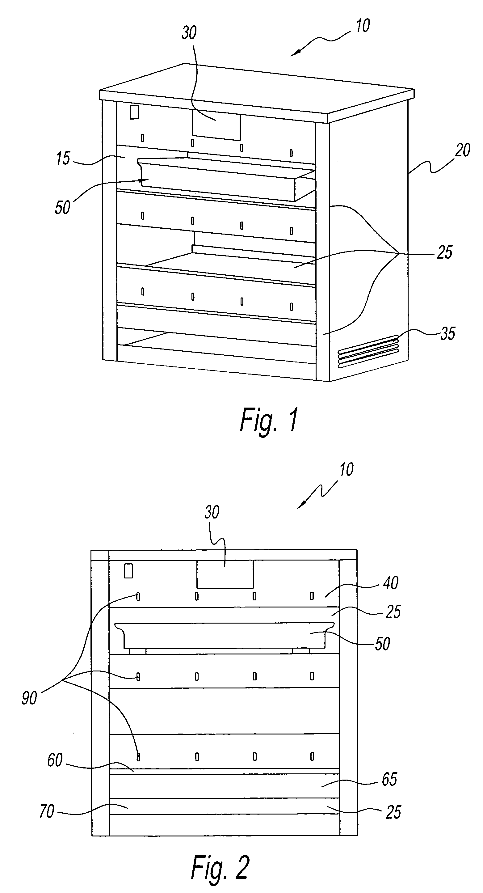 Open holding cabinet, trays and controls