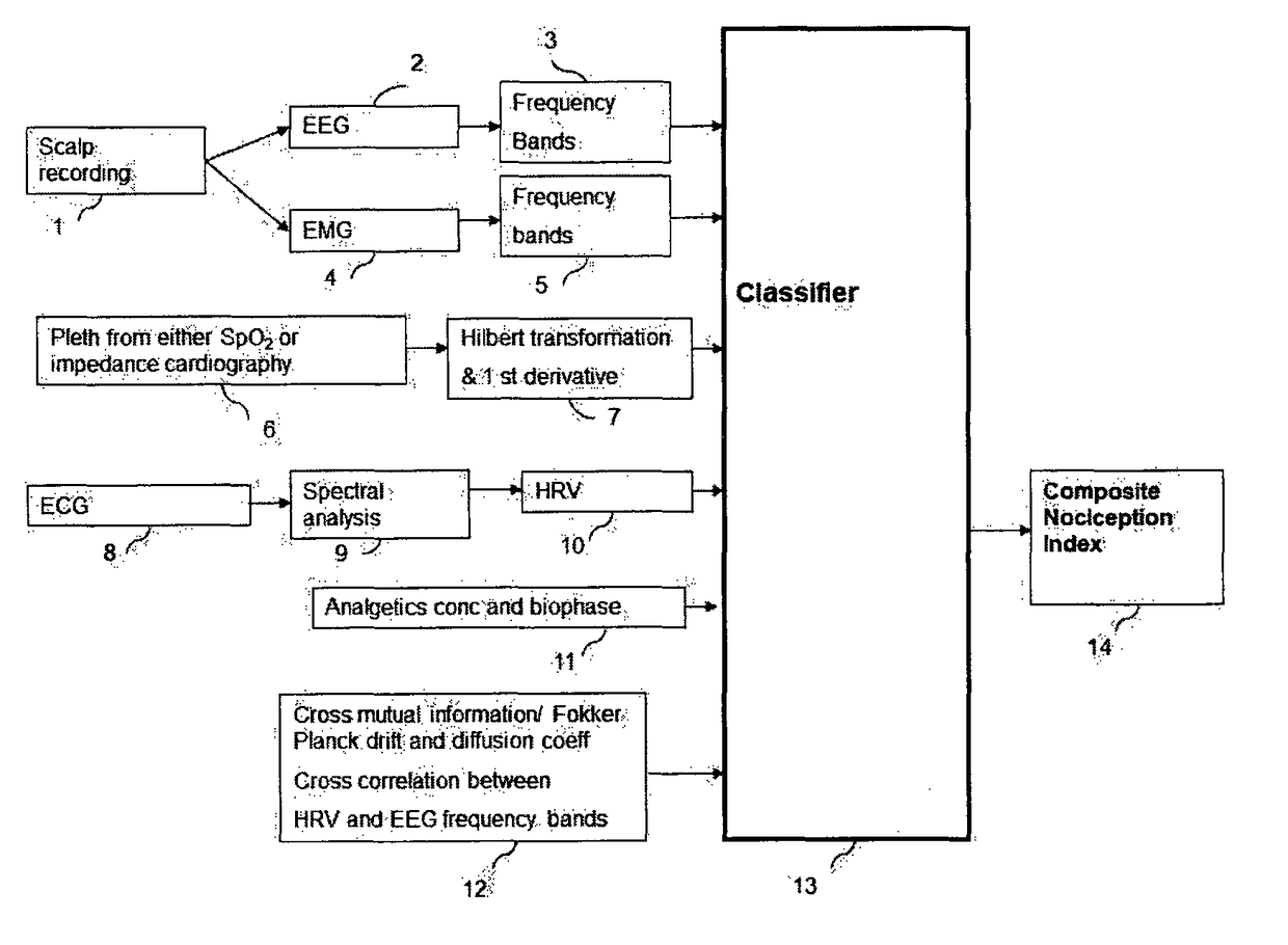 Apparatus for the Assessment of the Level of Pain and Nociception During General Anesthesia Using Electroencephalogram, Plethysmographic Impedance Cardiography, Heart Rate Variability and the Concentration or Biophase of the Analgesics