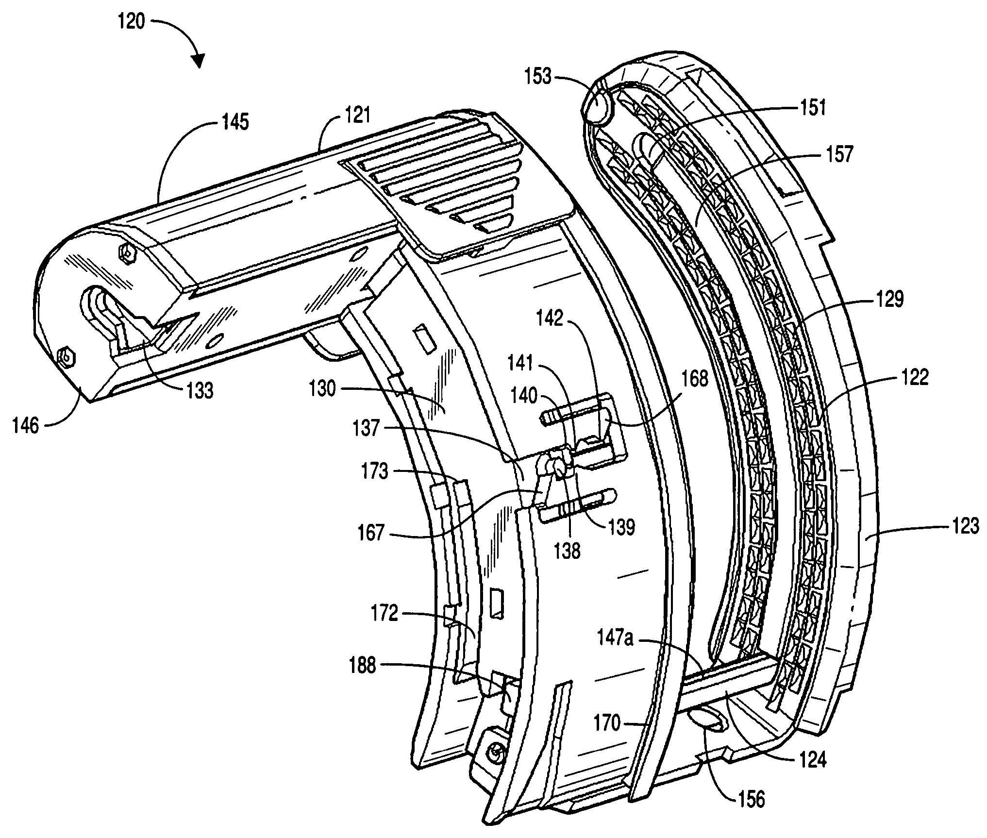 Cartridge with locking knife for a curved cutter stapler