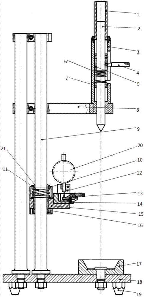 Gauge for measurement of chamfer to datum level of three-pin shaft fork