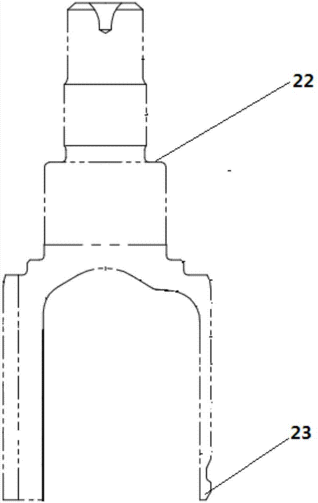 Gauge for measurement of chamfer to datum level of three-pin shaft fork