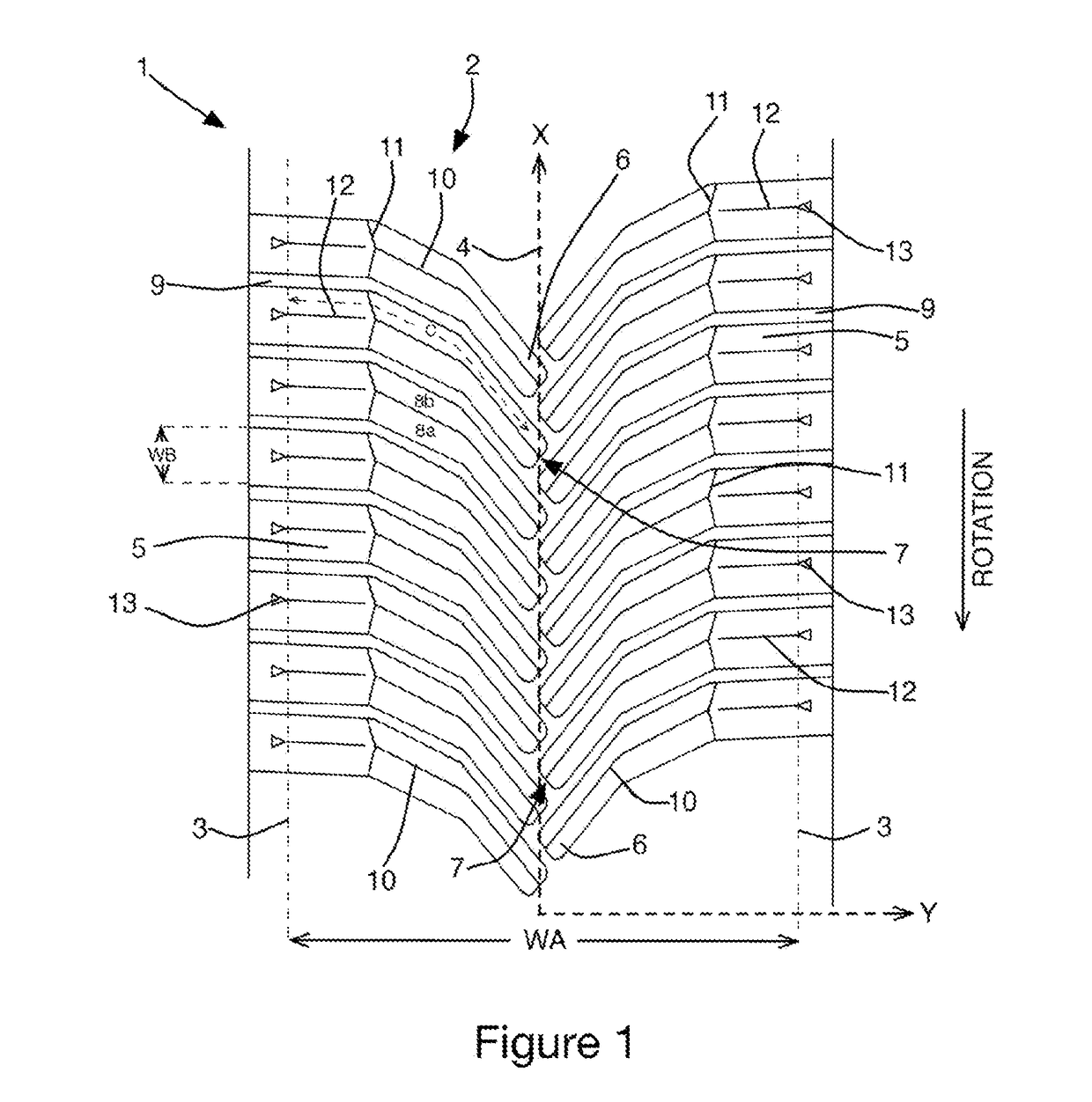 Tire With Directional Two-Material Tread, Comprising An Alternation Of Curved Blocks