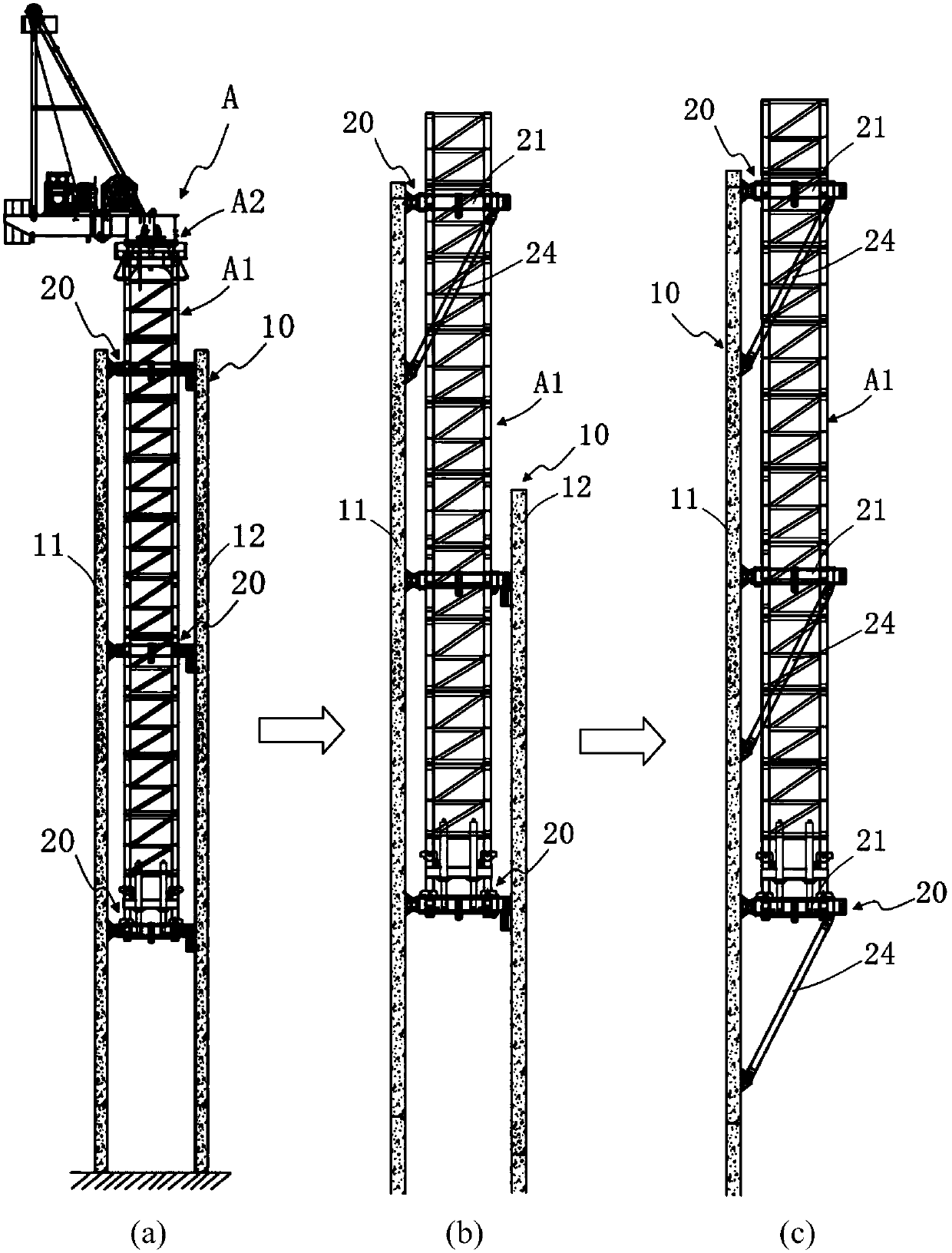 The in-situ construction method of large-scale movable jib tower cranes in super high-rise buildings is converted from internal climbing to external hanging