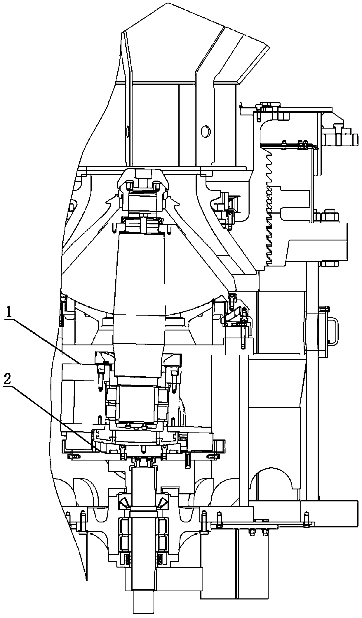 Inertia cone crusher connecting device, crusher and assembling method