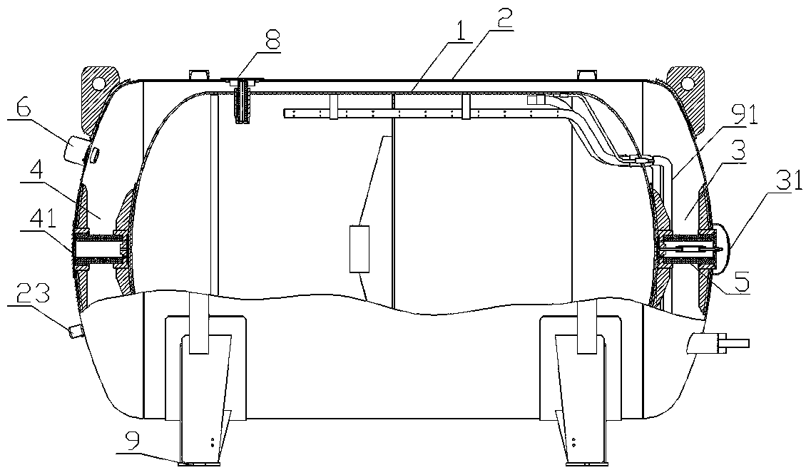 Cryogenic storage tank with axial load bearing and limiting functions