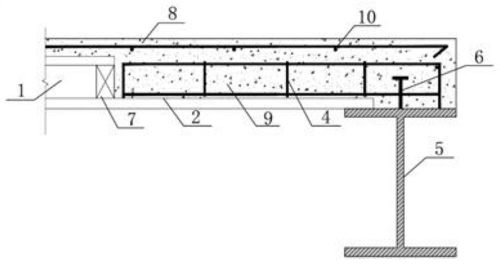 Slab end slotted hole SP hollow laminated slab-steel beam connecting structure and construction method thereof