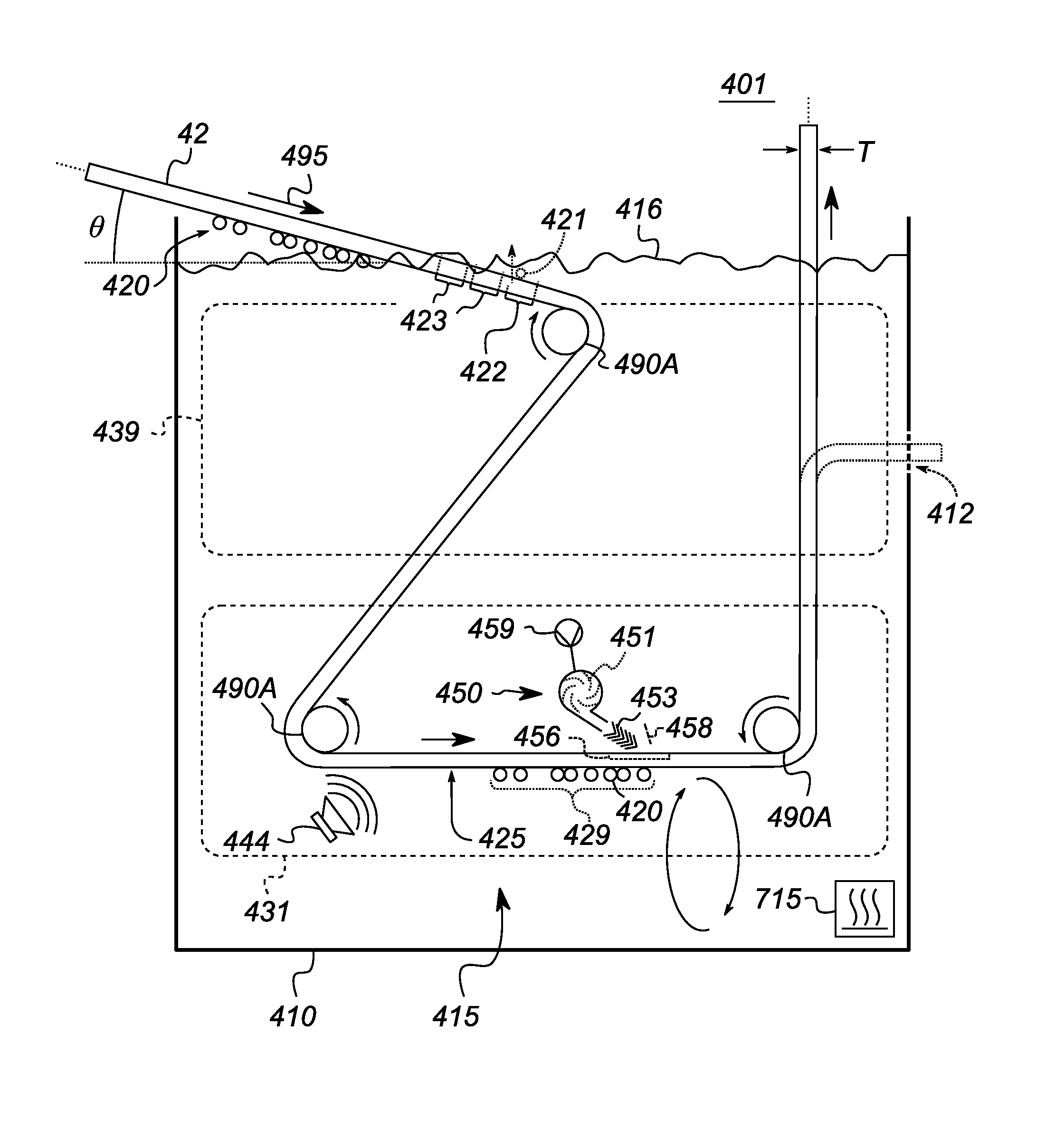 Toner fixer transporting medium through heating liquid