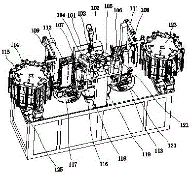 Automatic shearing and arranging frame mounting machine of lens injection molding semi-finished product