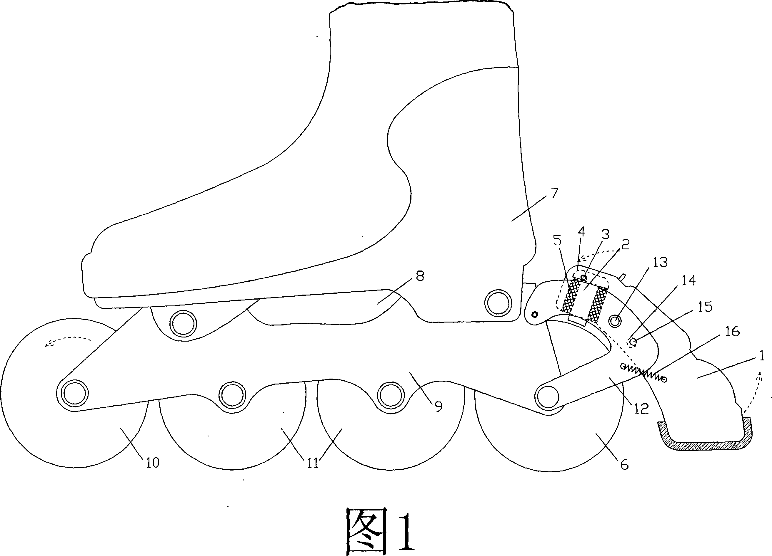 Brake block mechanism for dry skating boot deflection brake