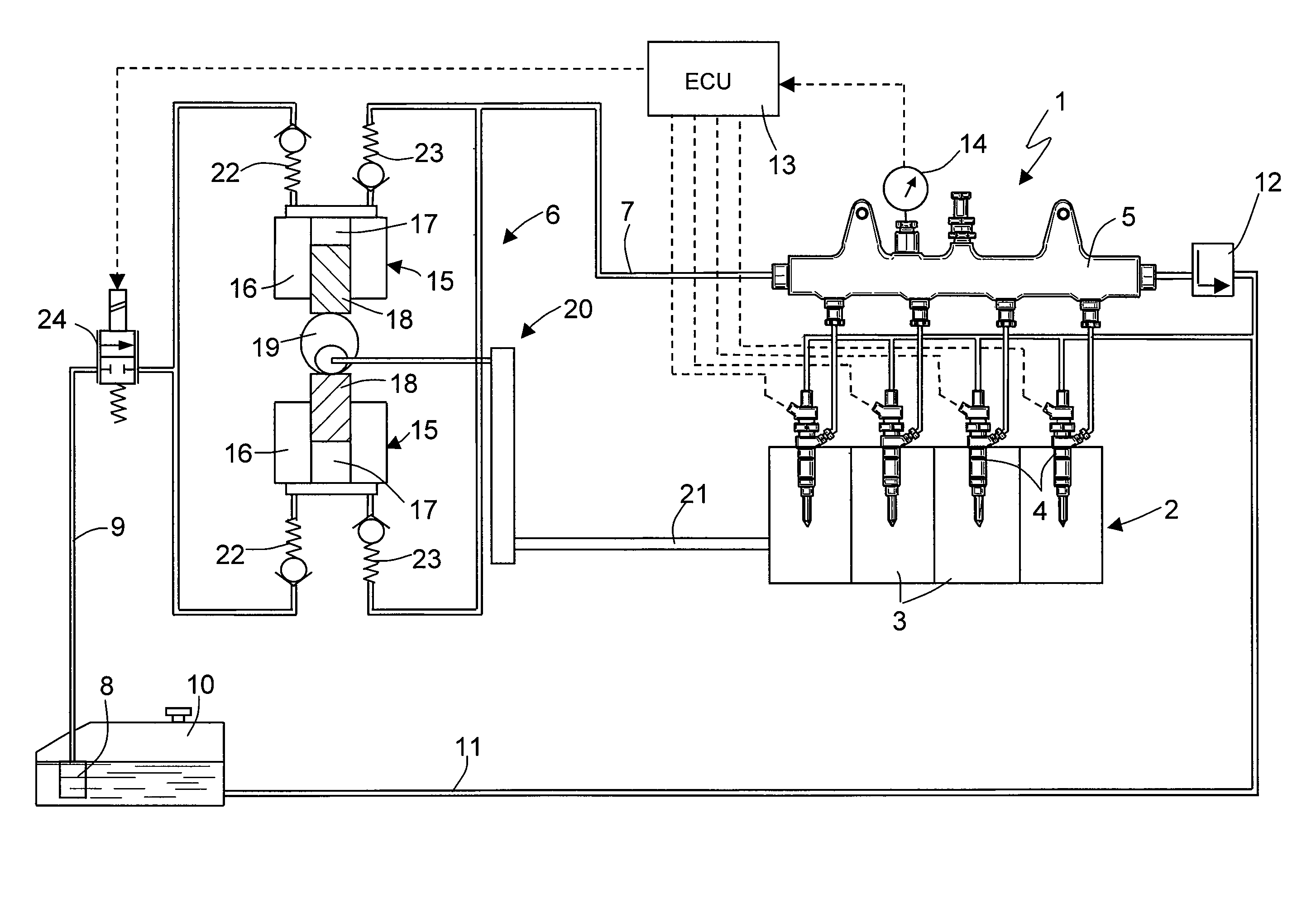 Control method of a direct injection system of the common rail type provided with a high-pressure fuel pump