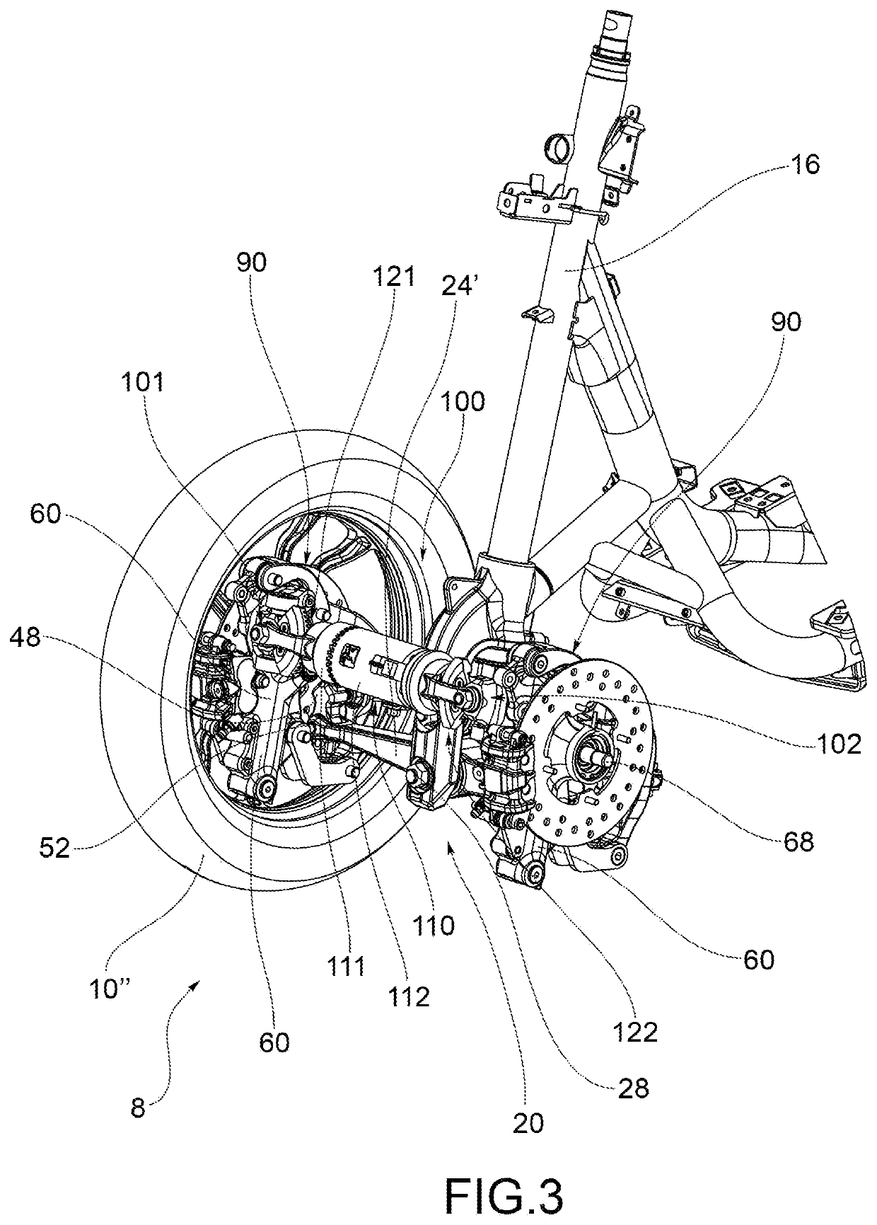 Forecarriage of a rolling motor vehicle with rolling block