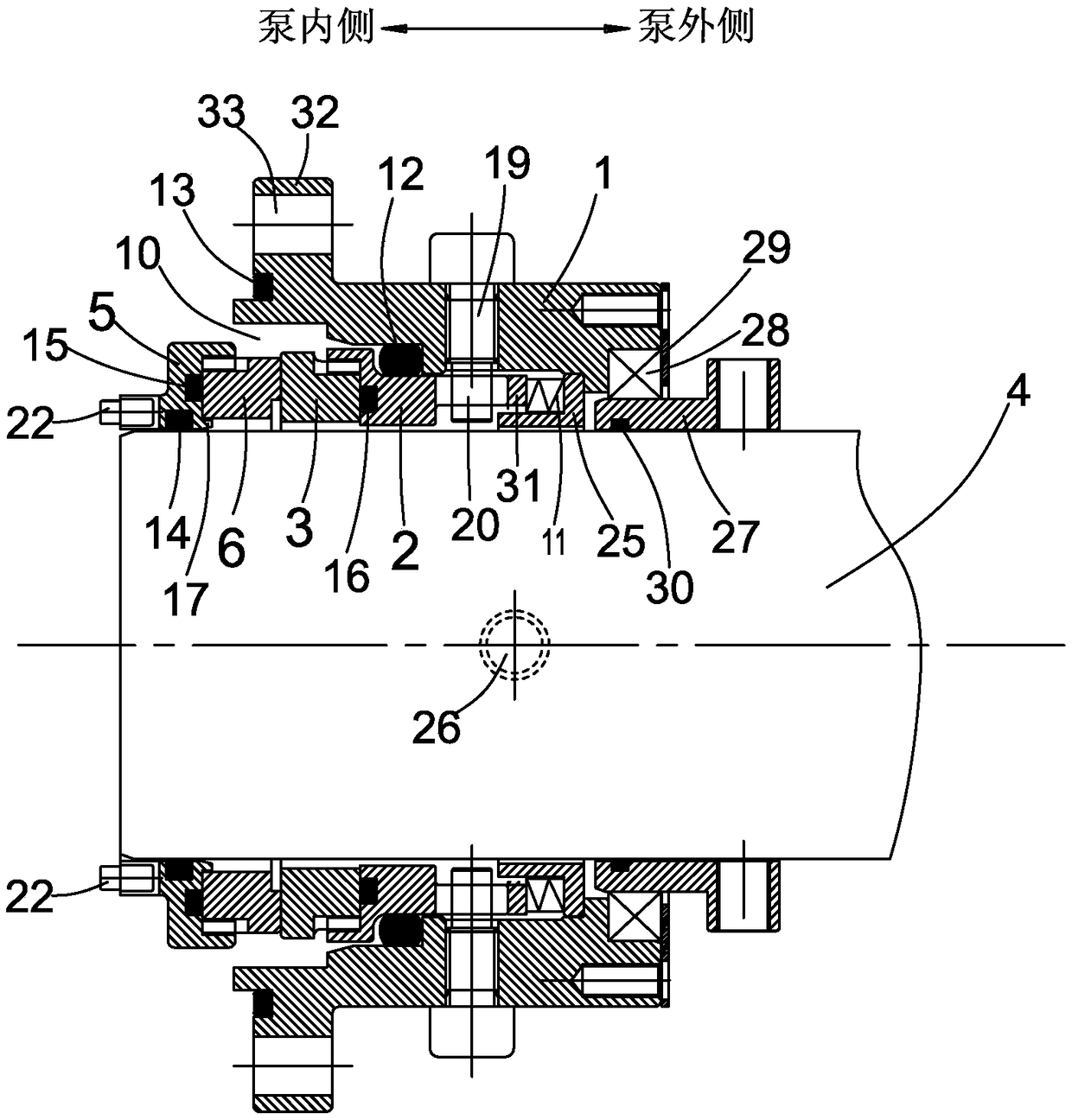 Rotor pump shaft sealing device