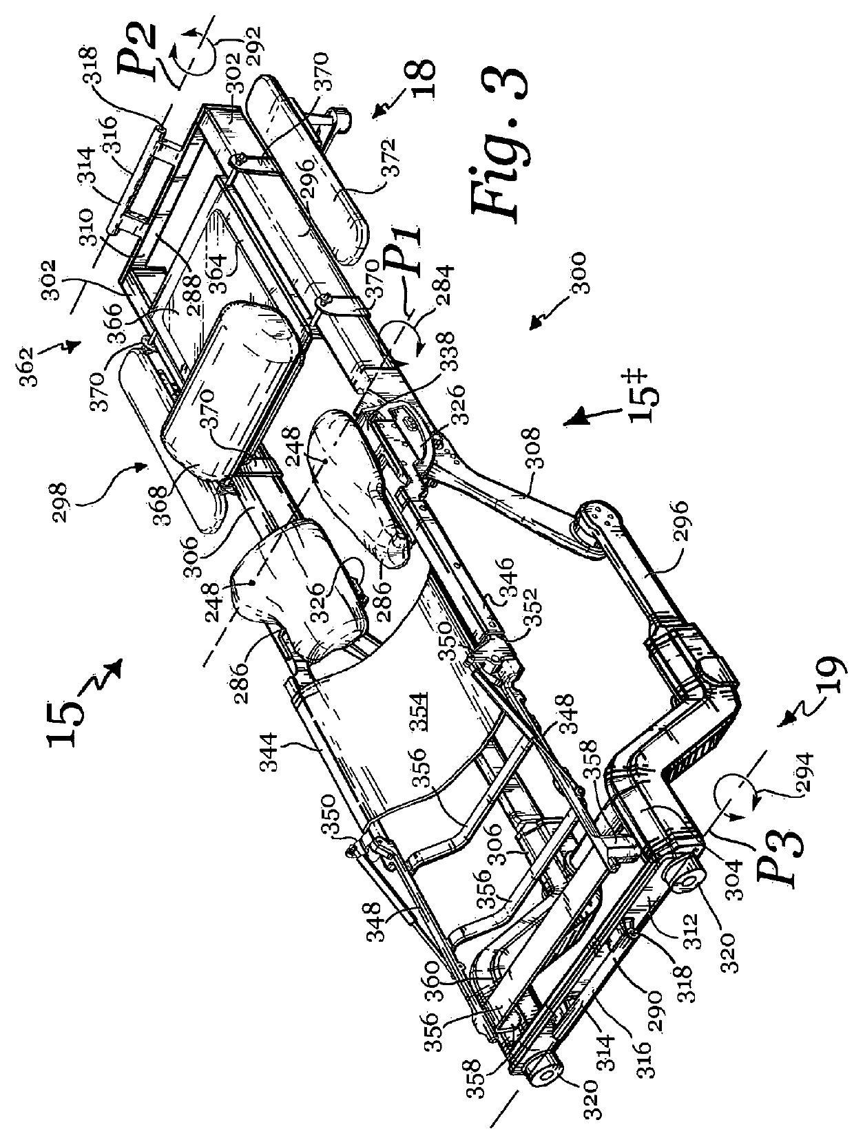 Patient positioning support apparatus with virtual pivot-shift pelvic pads, upper body stabilization and fail-safe table attachment mechanism