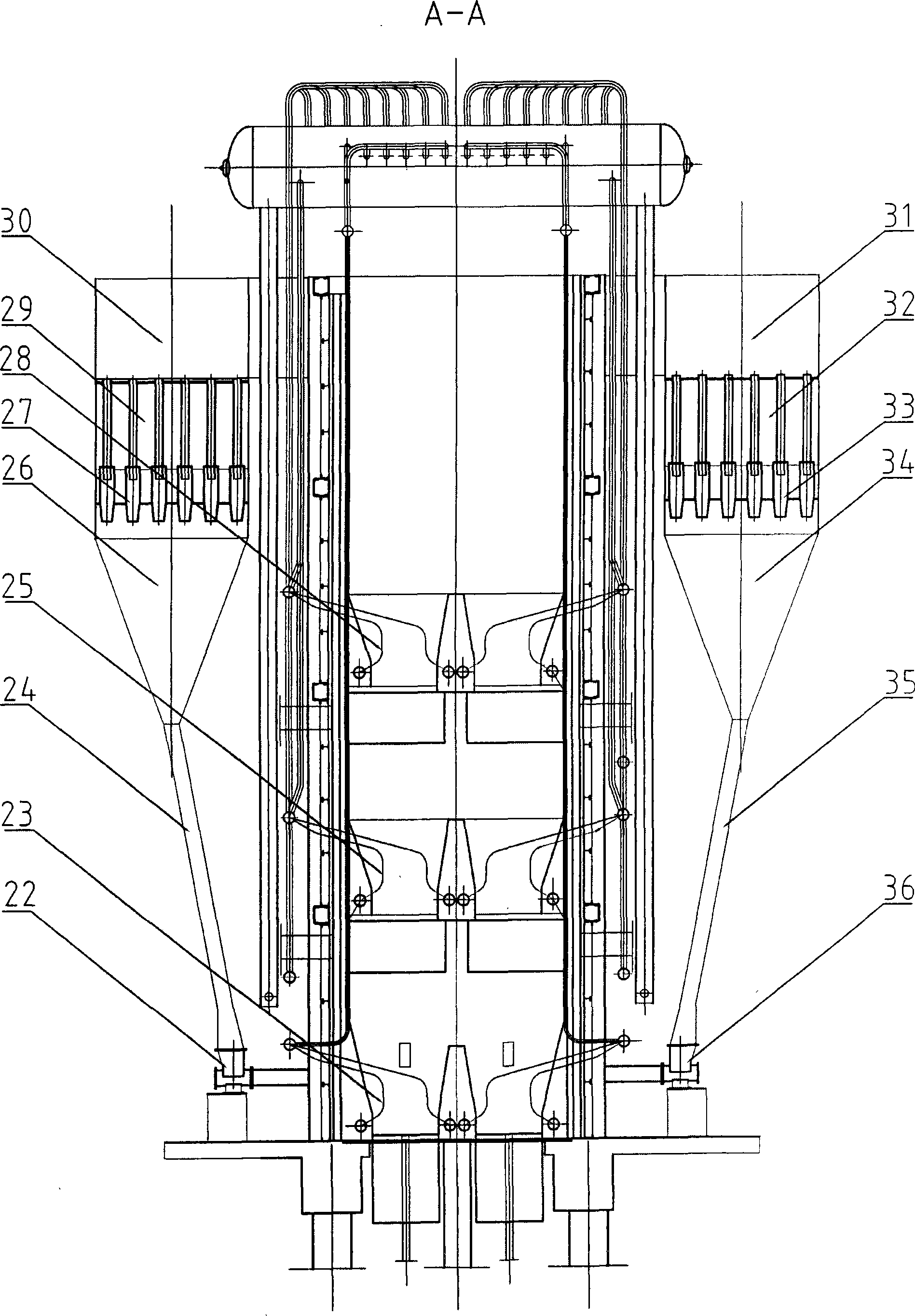 Composite-bed low circulation fluidized bed boiler