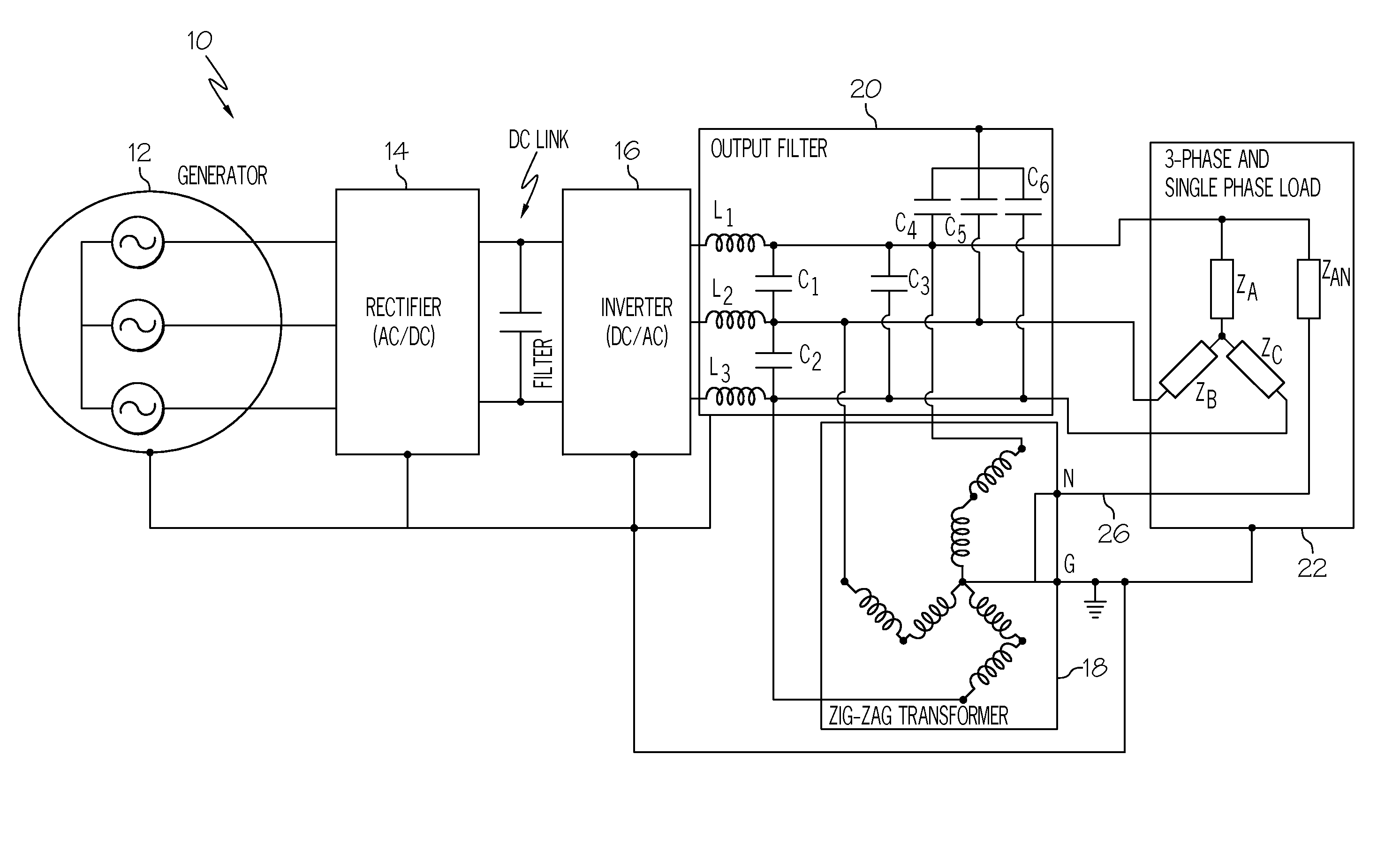 Low weight 3-phase 5-output wire power conversion system for micro-grid