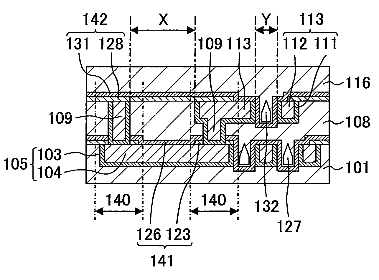 Semiconductor device including interconnects, vias connecting the interconnects and greater thickness of the liner film adjacent the vias