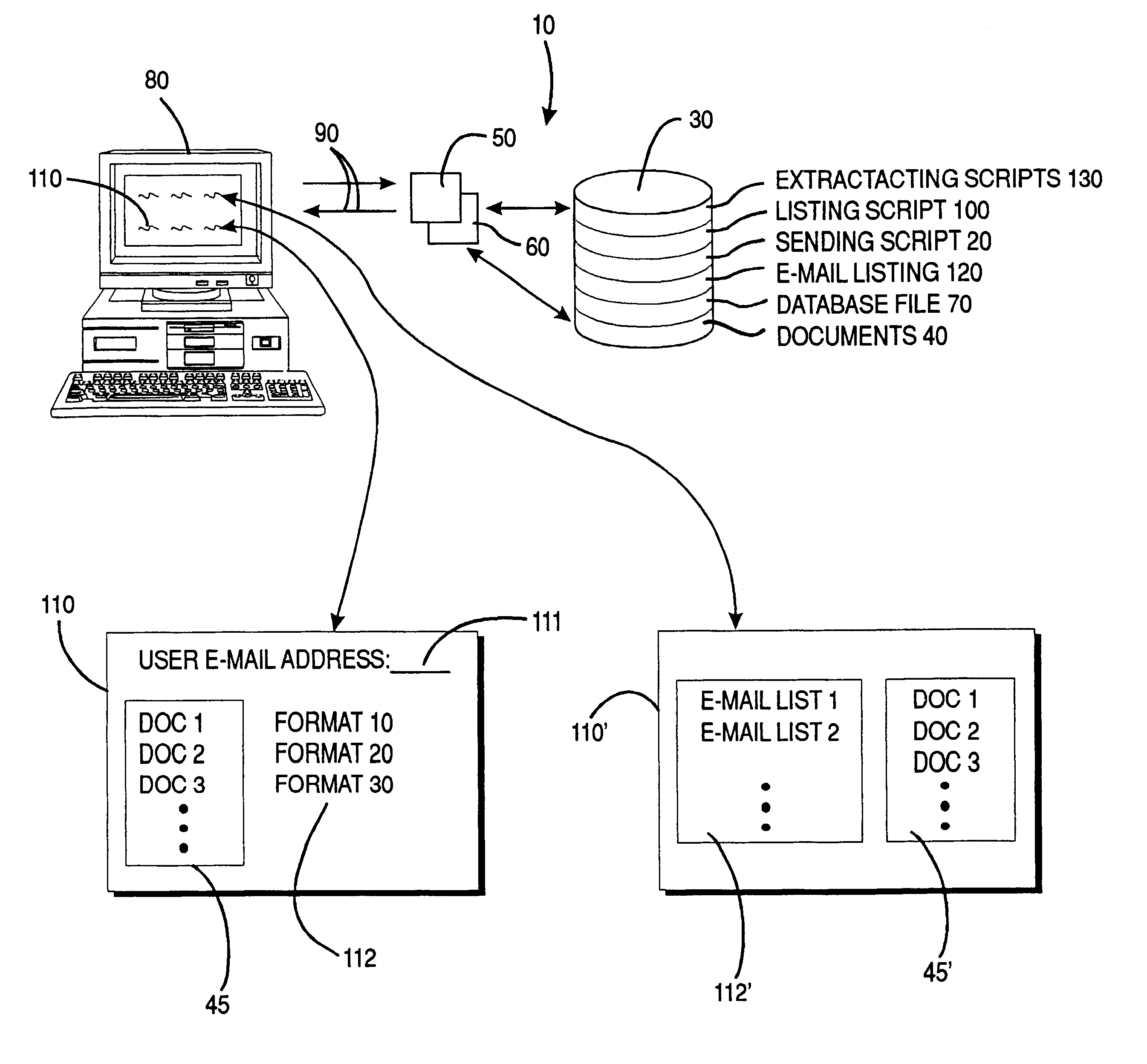 Transferring selected formatted documents over a computer network using interface script