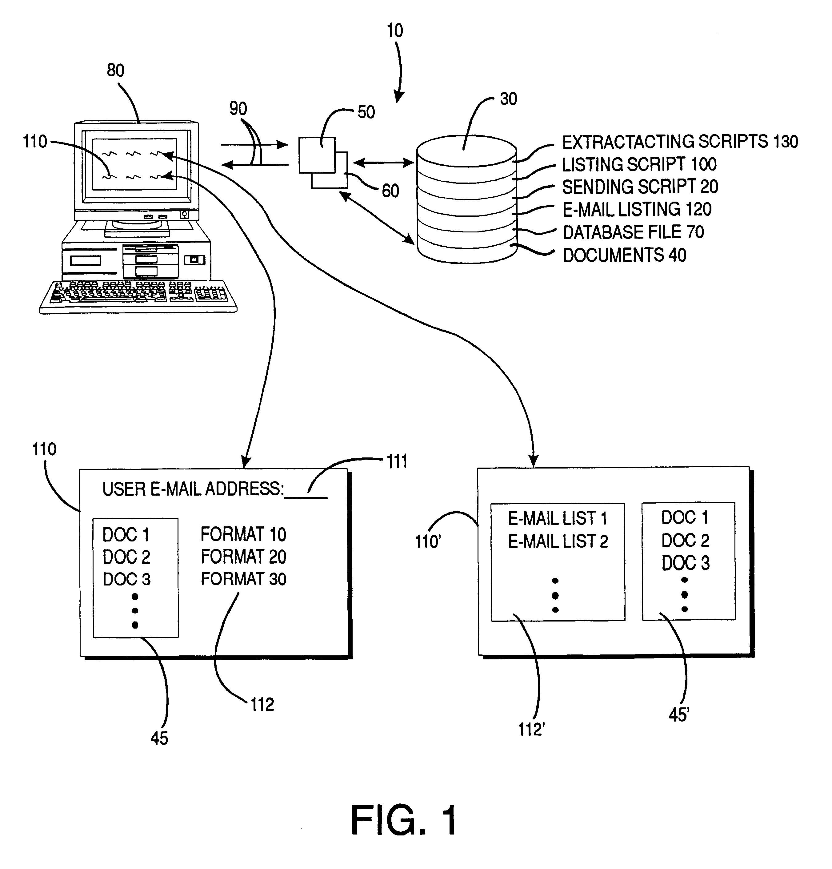 Transferring selected formatted documents over a computer network using interface script