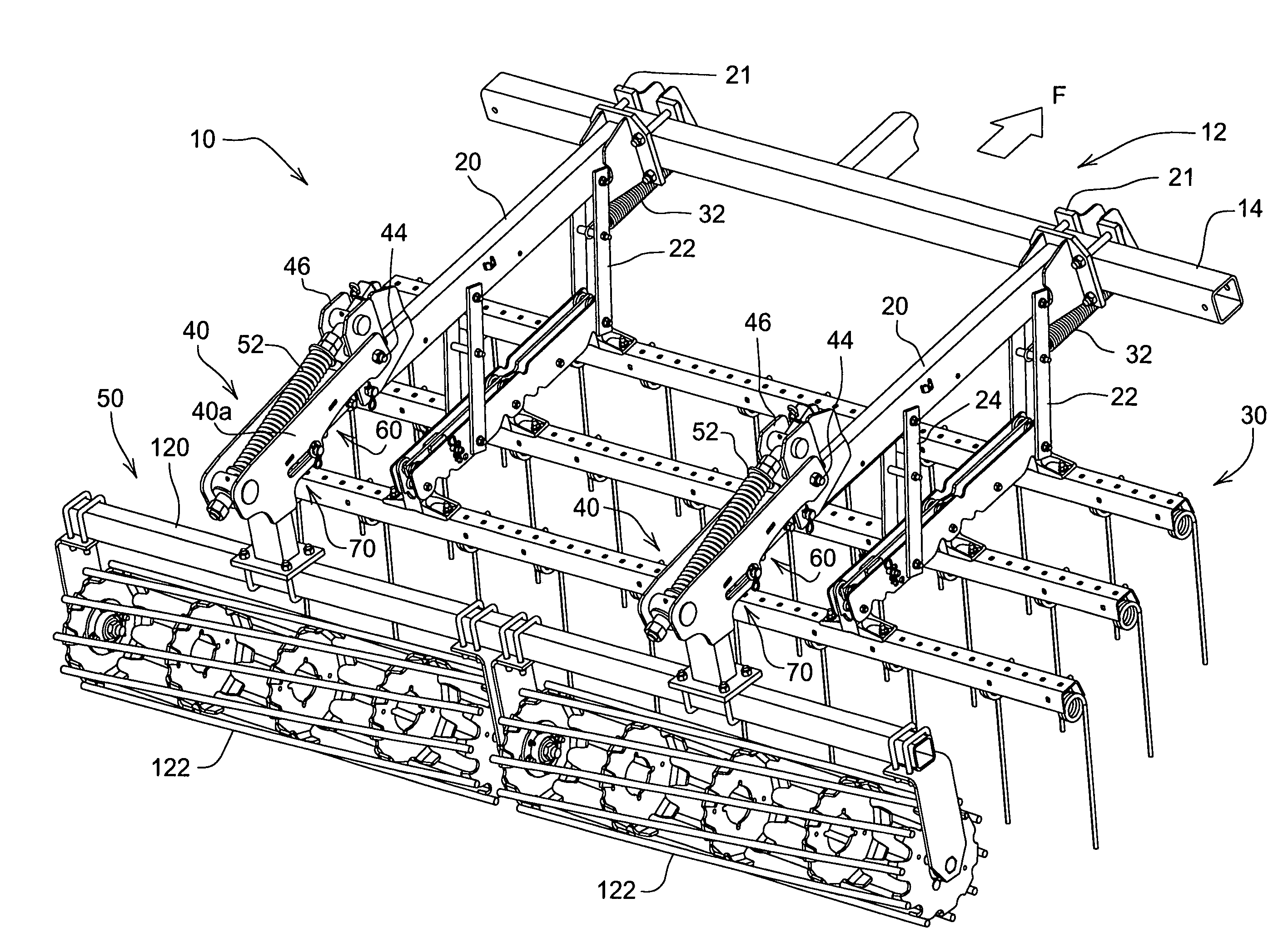 Hydraulic lift rolling basket structure for a tillage implement