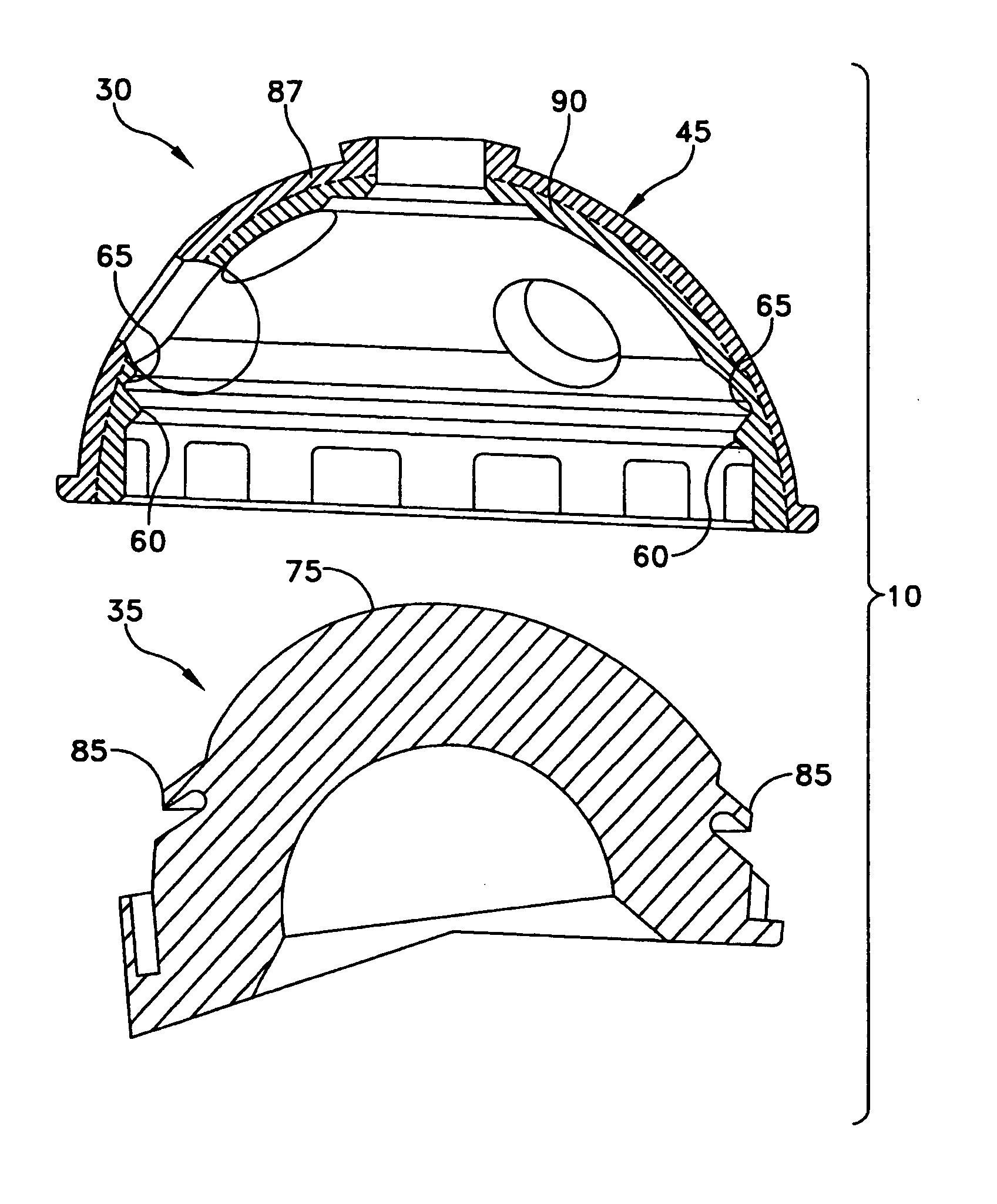 Bimetal acetabular component construct for hip joint prosthesis