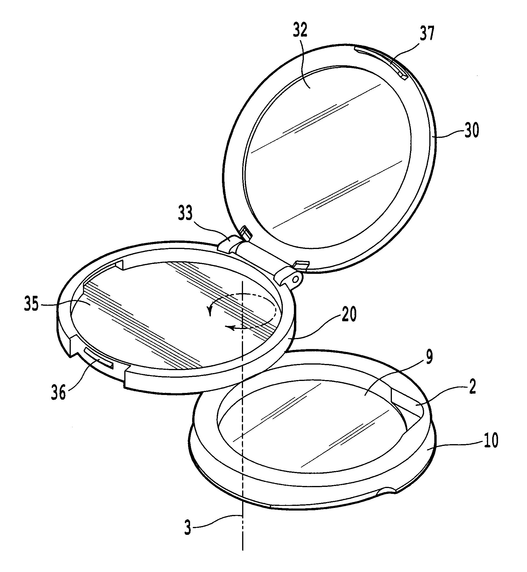 Cosmetic product compact having pivoting sections