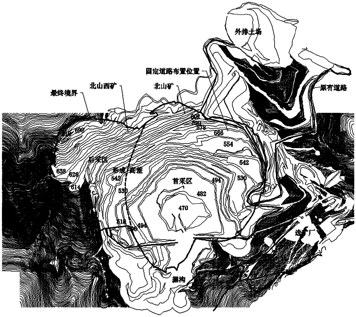 Internal discharge process design method for period transition from metal strip mine mountain slope mining to deep concave mining