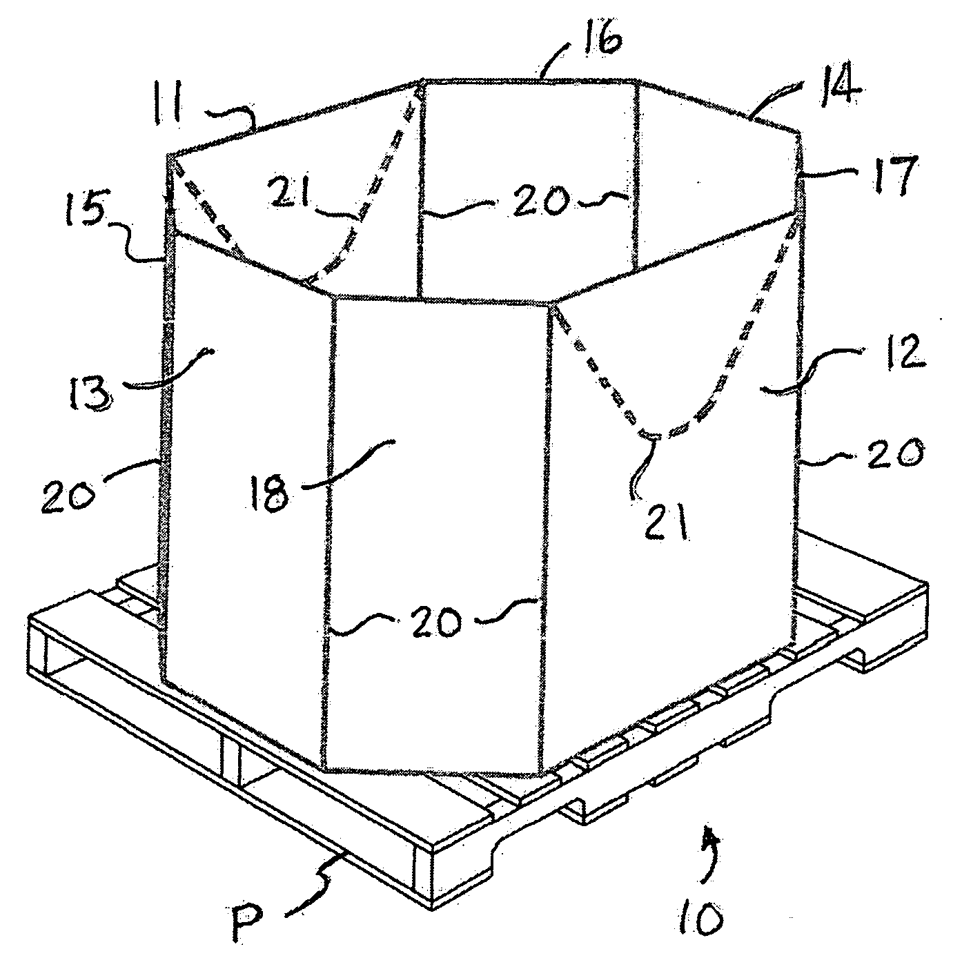 Octagonal bulk bin with self-locking webbed bottom flaps