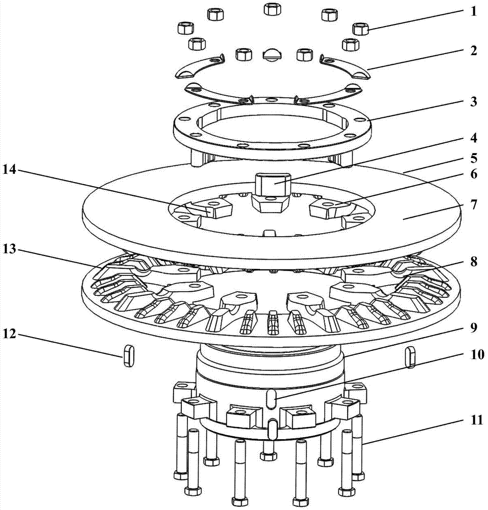 Connection between axle-mounted brake disc and disc hub of rail vehicle