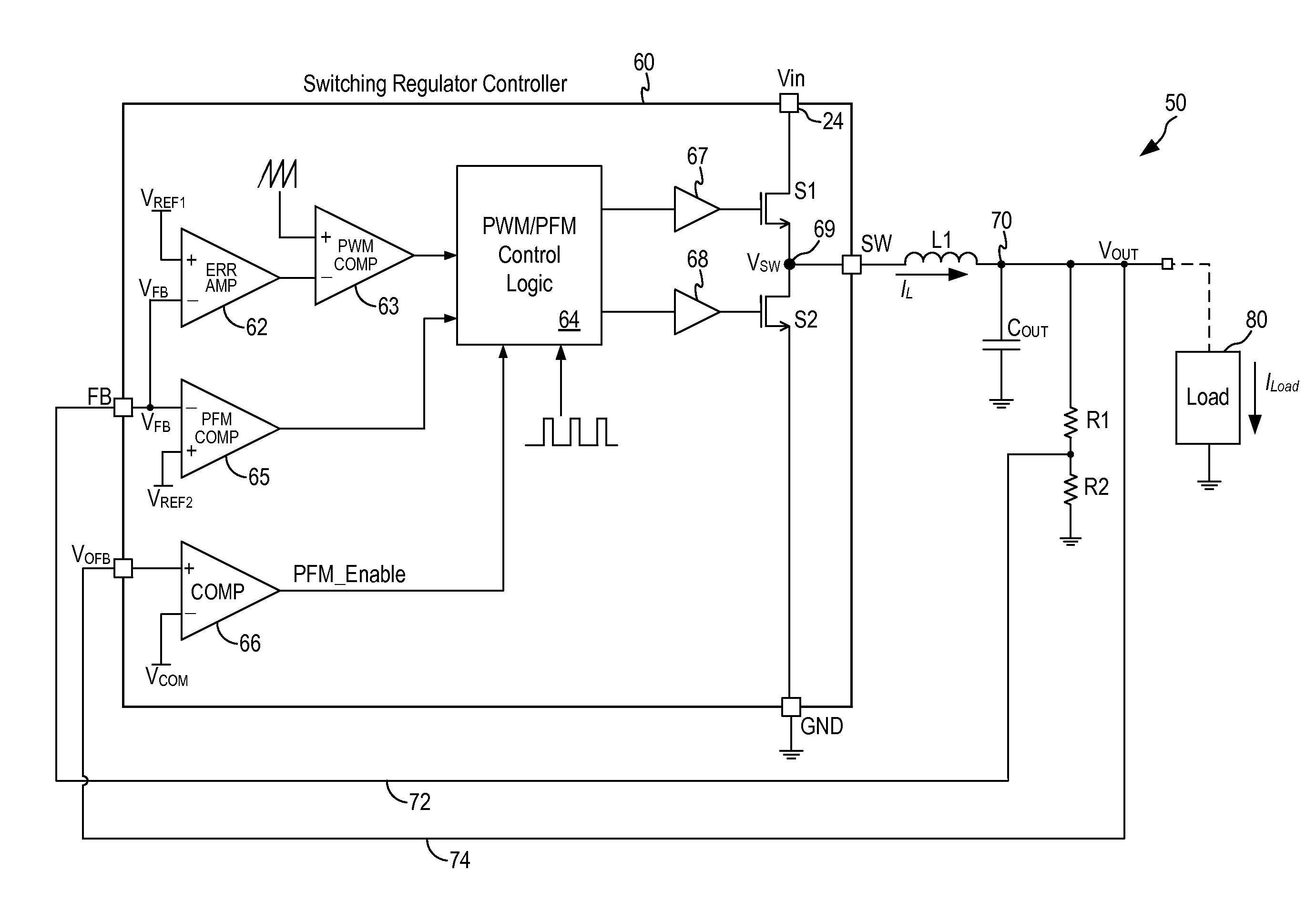 Switching regulator with adaptive pwm/pfm modulator