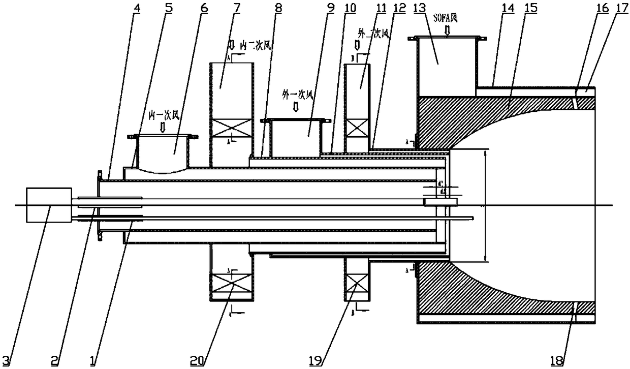 Low NOx combustor allowing cross-load regulation and used for biomass or pulverized coal