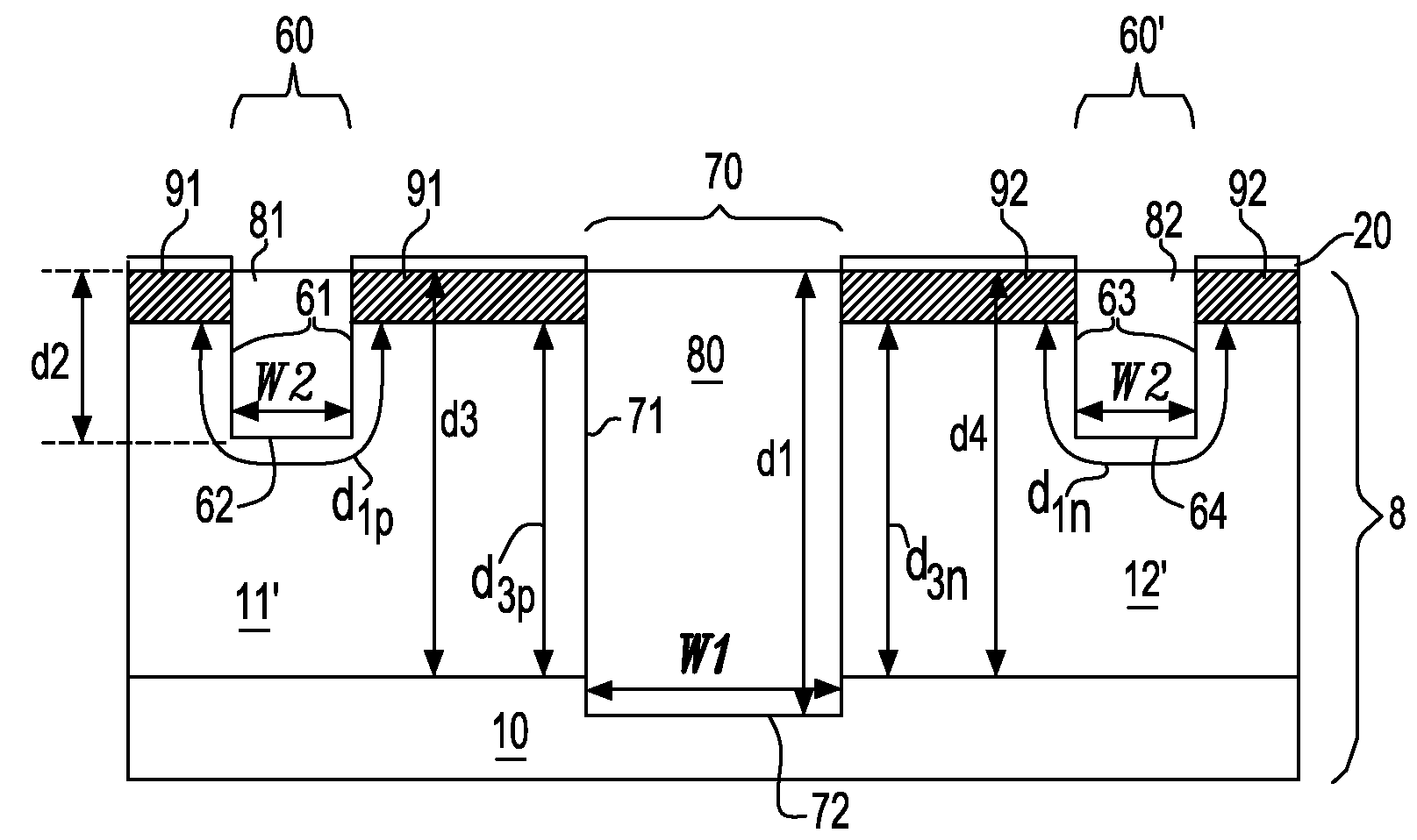 Self-aligned and extended inter-well isolation structure