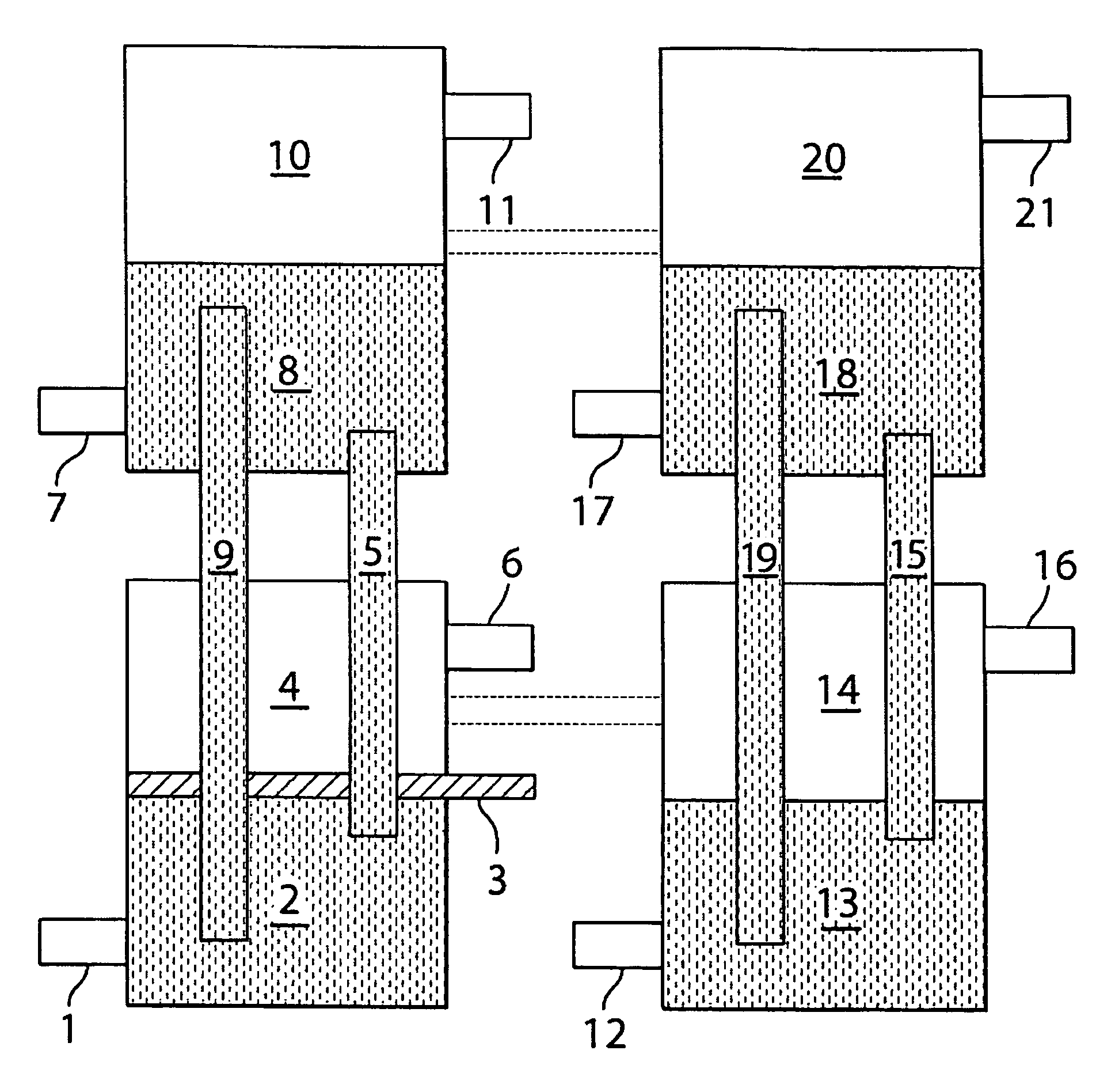 Gaseous transfer in multiple metal bath reactors