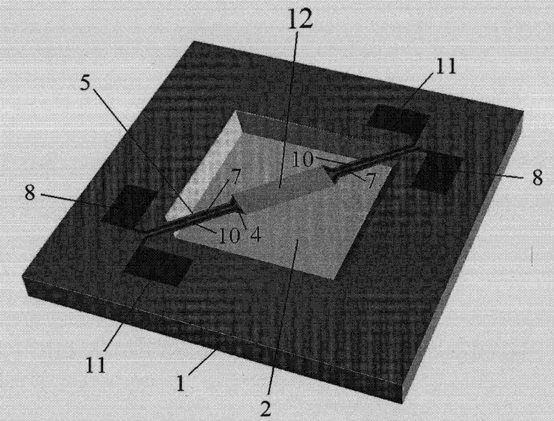 Resistance-type gas sensor with two support suspension beams and four-layer structure and method