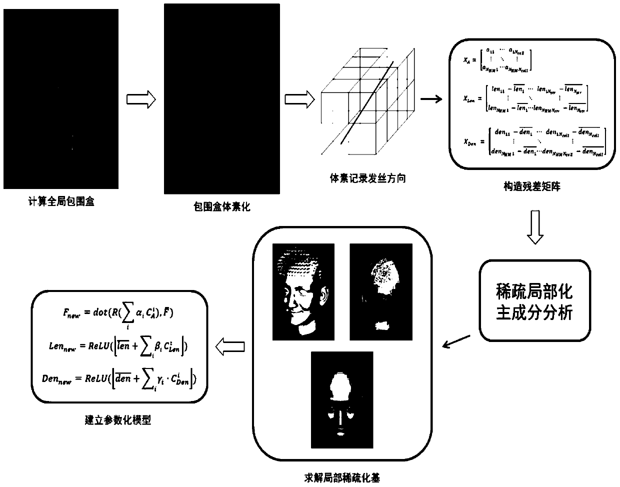 Three-dimensional hair parameterization model method based on body vector field sparse localization decomposition