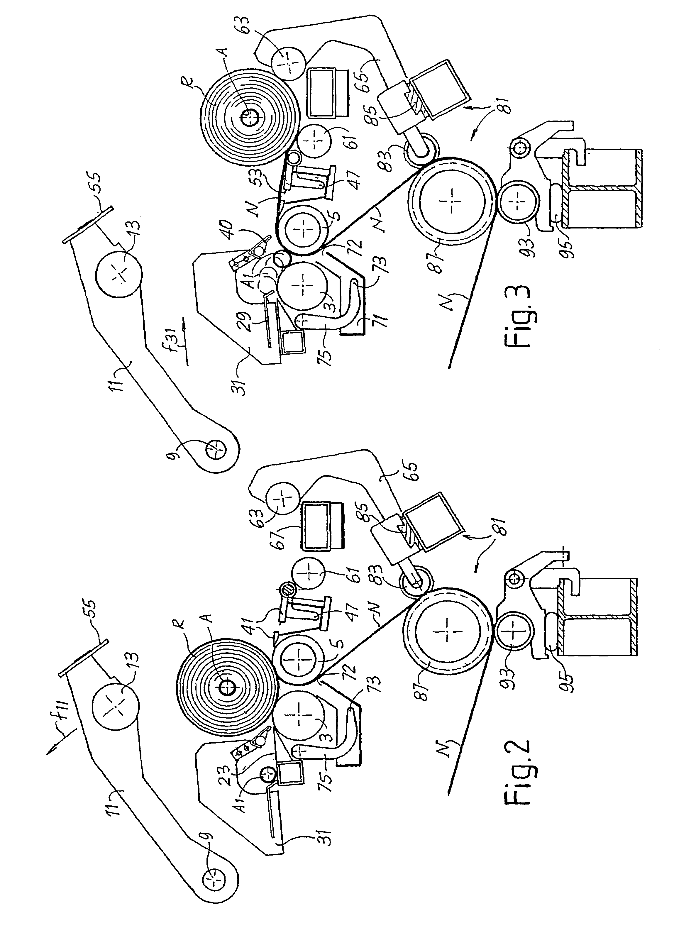 Rewinding machine to produce logs of web material and relative winding method