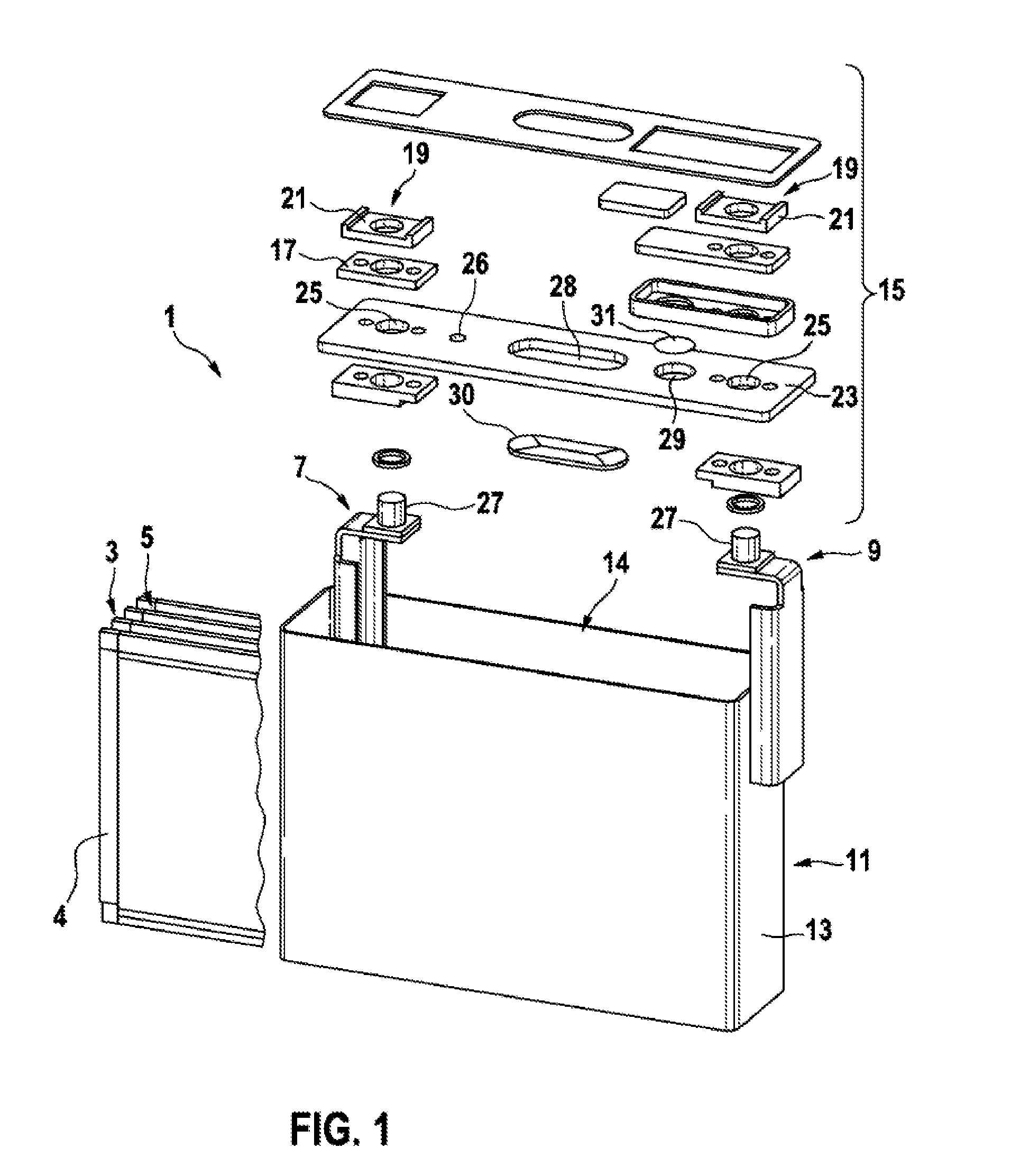 Battery cell comprising a housing covering plate having a raised central region