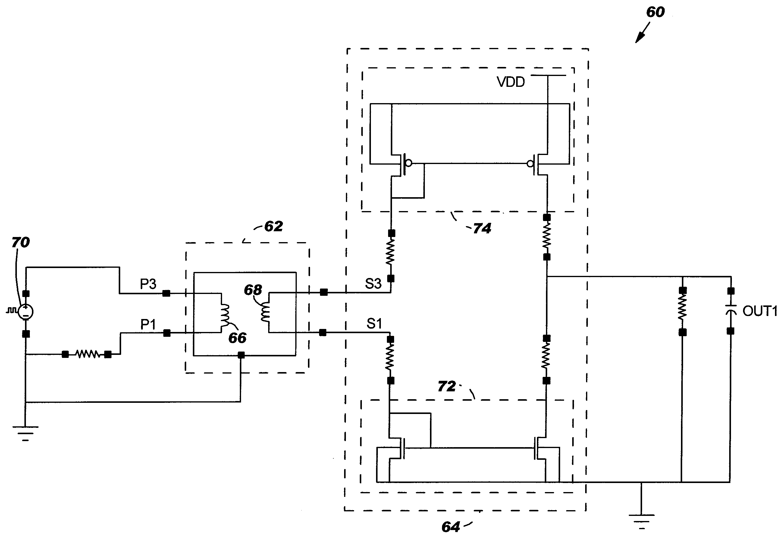 Integrated circuit and method for interfacing two voltage domains using a transformer