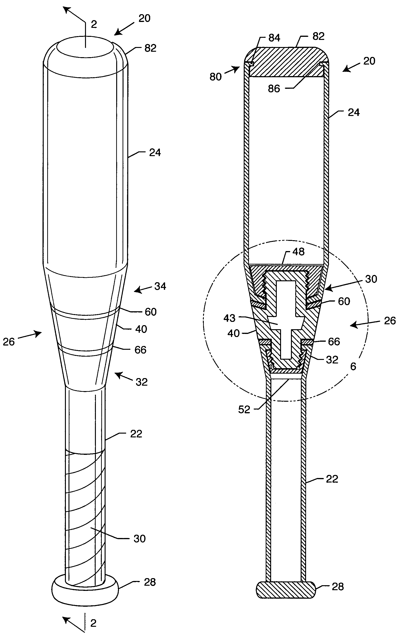 Sectional vibration damping, flexible bat