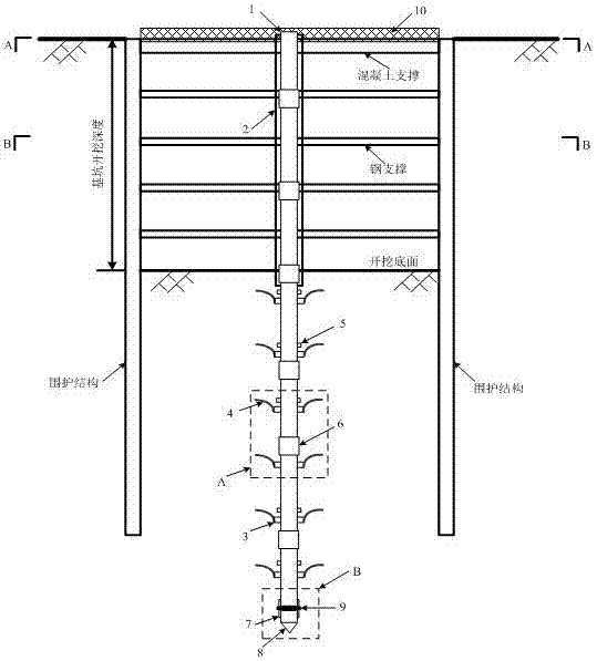 Magnetic ring type testing device and method for foundation upheaval caused by foundation pit excavation