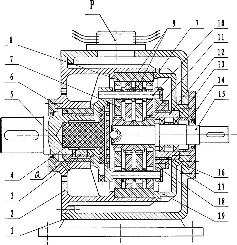 Dynamic balance hypocycloid reduction gearbox with interlayer air cooling box body supported by zinc base alloy bearings