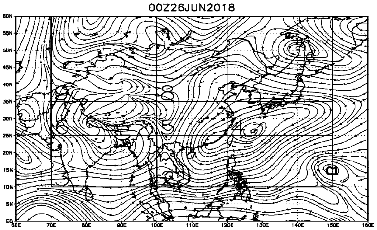 Method for predicting typhoons and heavy rains in southern China based on low frequency flow field map