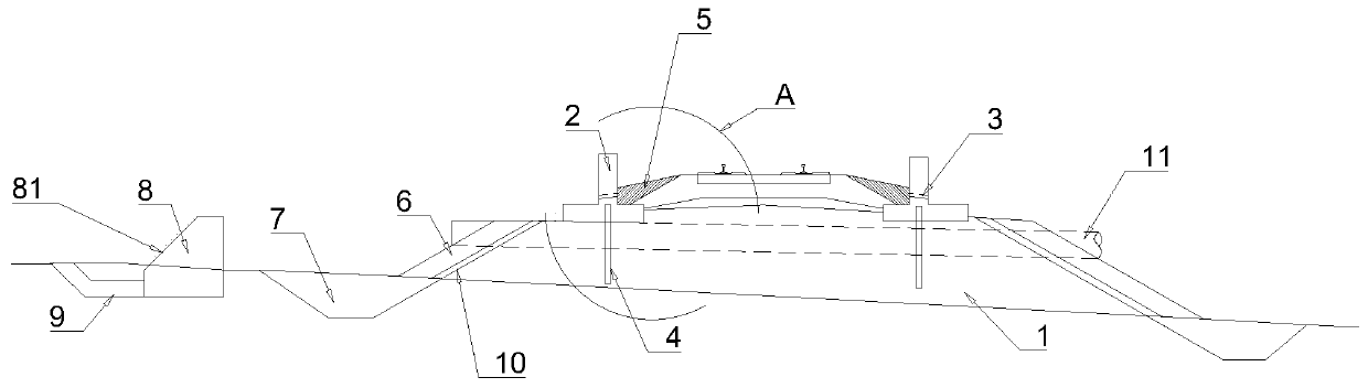 Wading railroad bed structure and construction method thereof