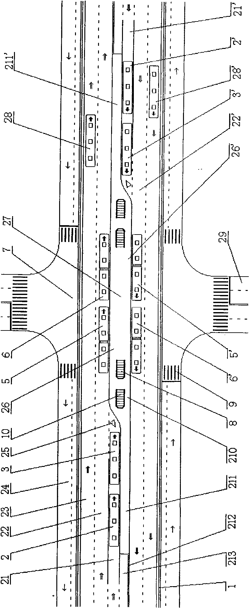 Ladder-shaped platform of island type station of parallel elevated road