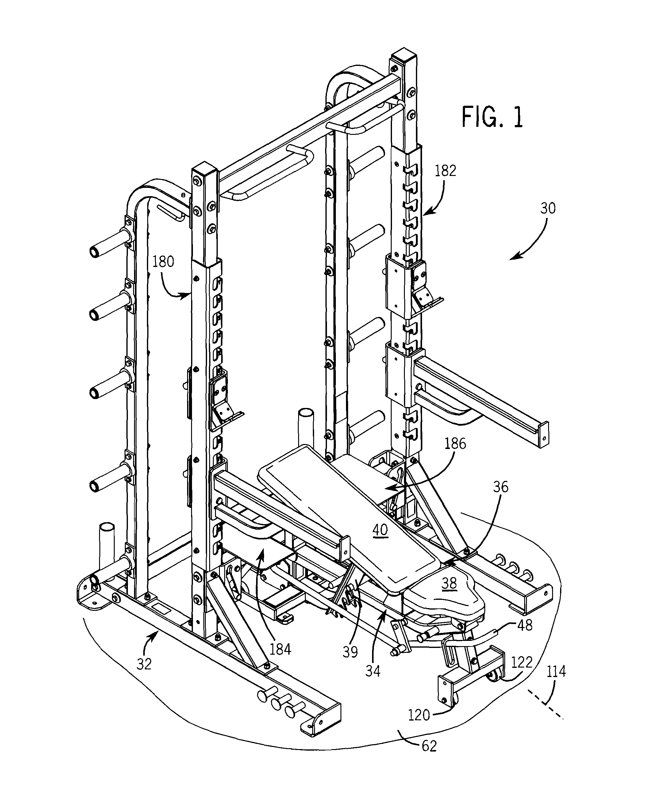 Exercise equipment with dock-and-lock and spotter platform